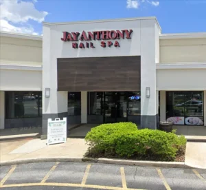 Exterior view of Jay Anthony Nail Spa entrance in a shopping plaza.
