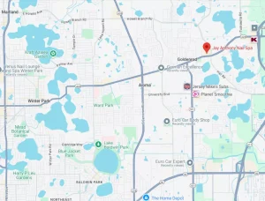 Map showing Jay Anthony Nail Spa’s location near Goldenrod and Aloma Ave in Orlando.