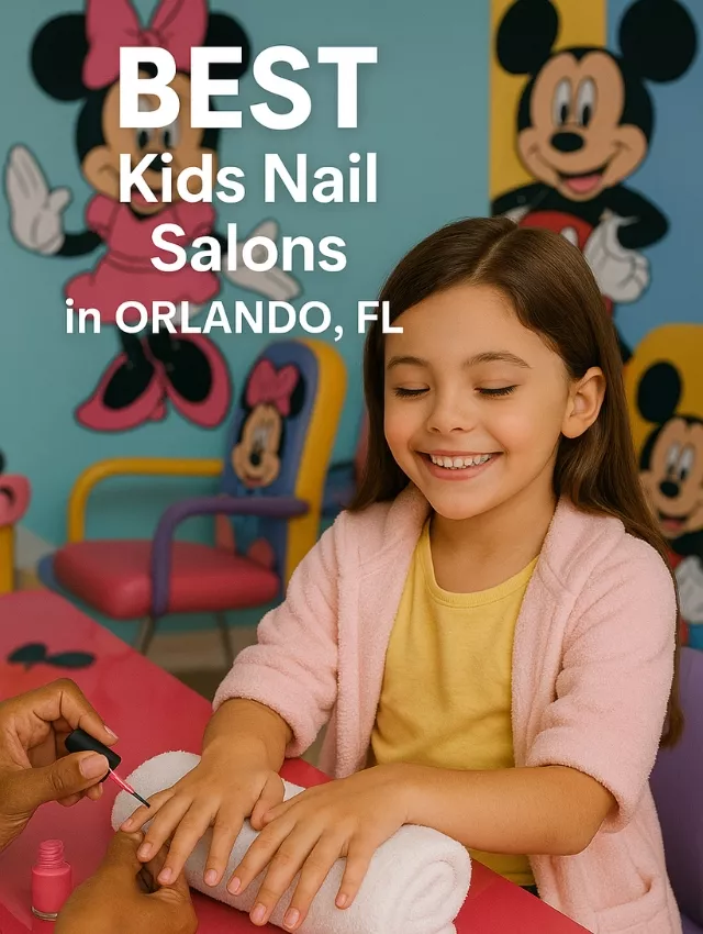 A girl getting her nails done at a kids nail salon with Mickey and Minnie Mouse on the wall in Orlando