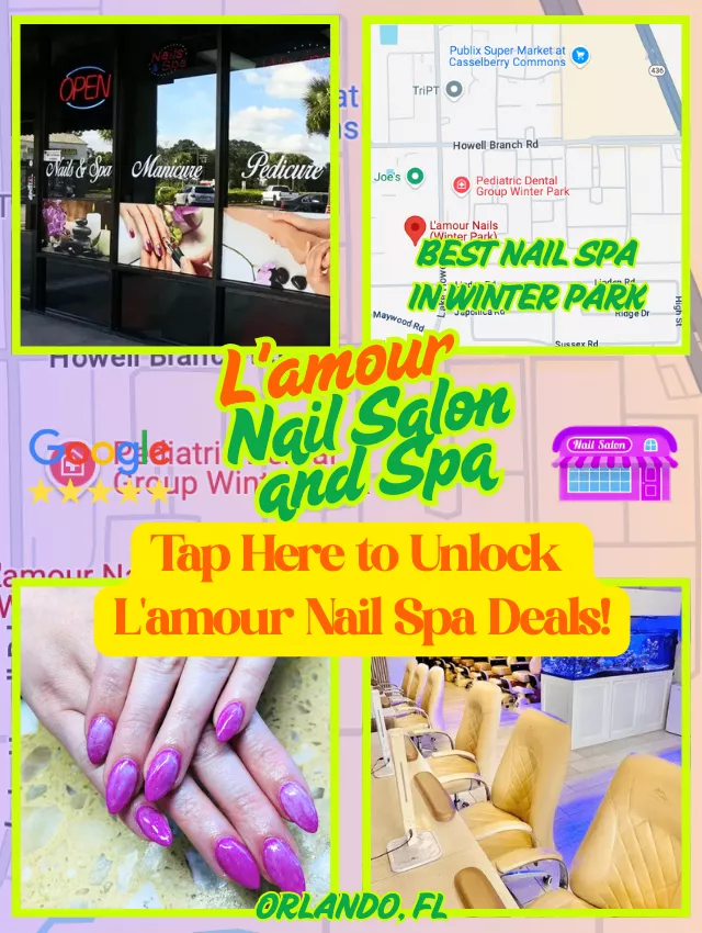 Promotional image for L’amour Nail Salon and Spa in Winter Park, Orlando, featuring magenta nails, spa interior, and mapped location.