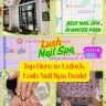 Promotional poster for Lush Nail Spa in Winter Park, Orlando, showing location, floral interior, and soft pink nail art.