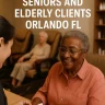 Elderly African American woman receiving a manicure at a senior-friendly nail salon in Orlando.
