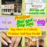 Promotional poster for Pristine Nail and Day Spa in Winter Park, Orlando, featuring location, nail design, and spa interior.