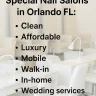Clean and elegant nail salon with service highlights listed in bold black text overlay.