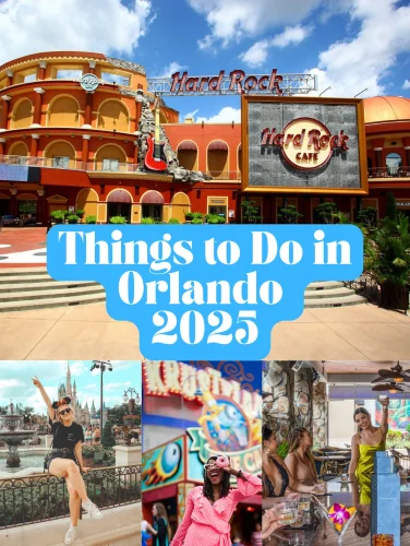 Collage of popular attractions and activities in Orlando, including Hard Rock Cafe, Disney, nightlife, and dining experiences