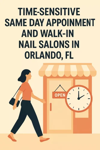 Woman walking into an open nail salon next to a clock, symbolizing time-sensitive service.