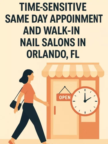 Woman walking into an open nail salon next to a clock, symbolizing time-sensitive service.