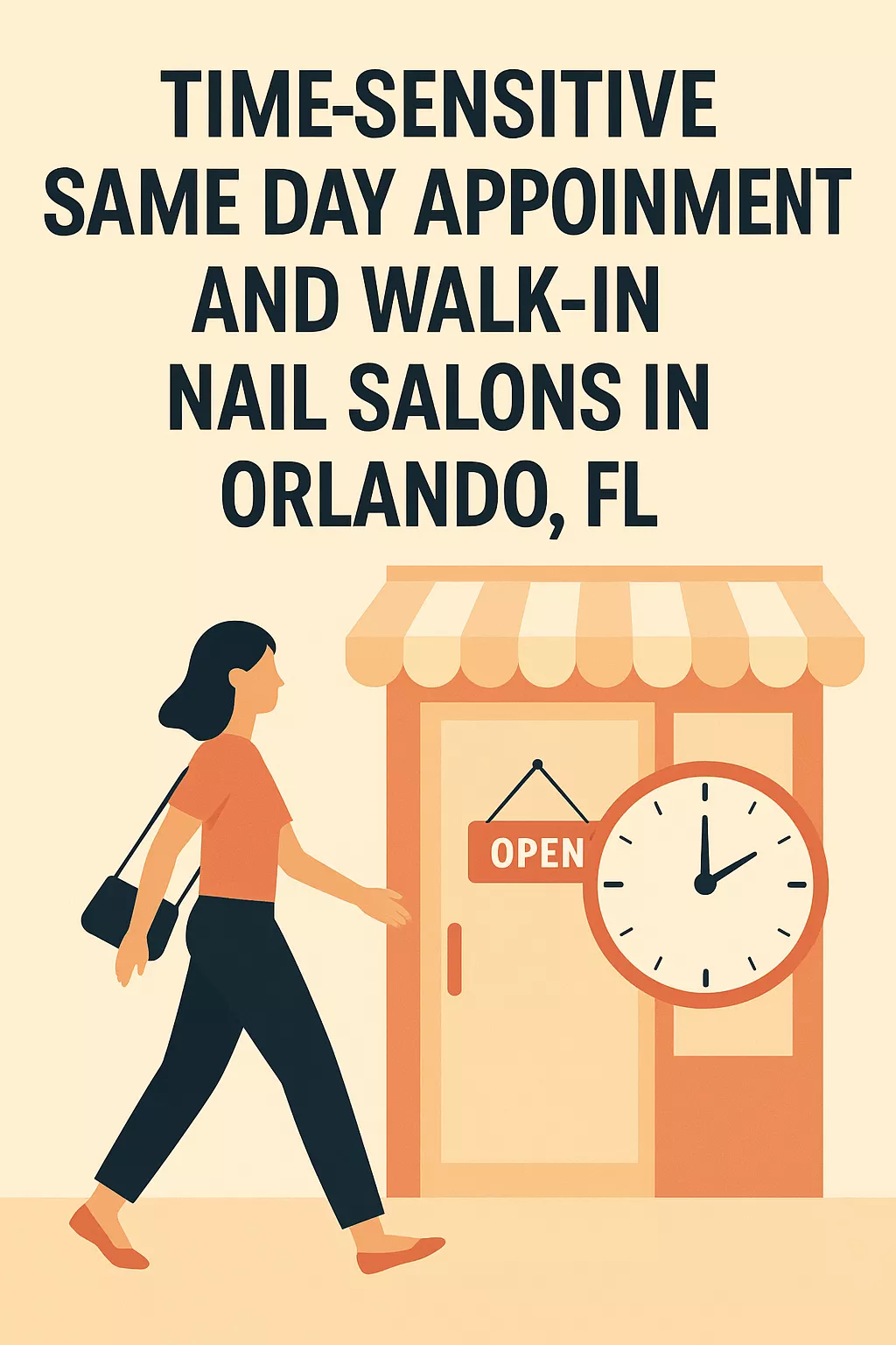 Woman walking into an open nail salon next to a clock, symbolizing time-sensitive service.