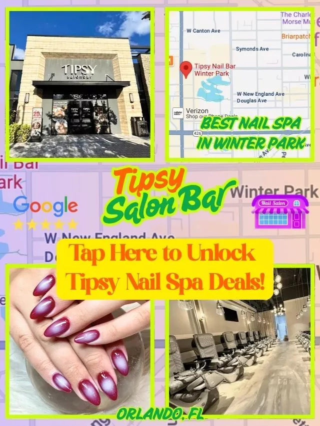 Promotional image for Tipsy Salon Bar in Winter Park, FL showcasing nail spa deals and salon location.