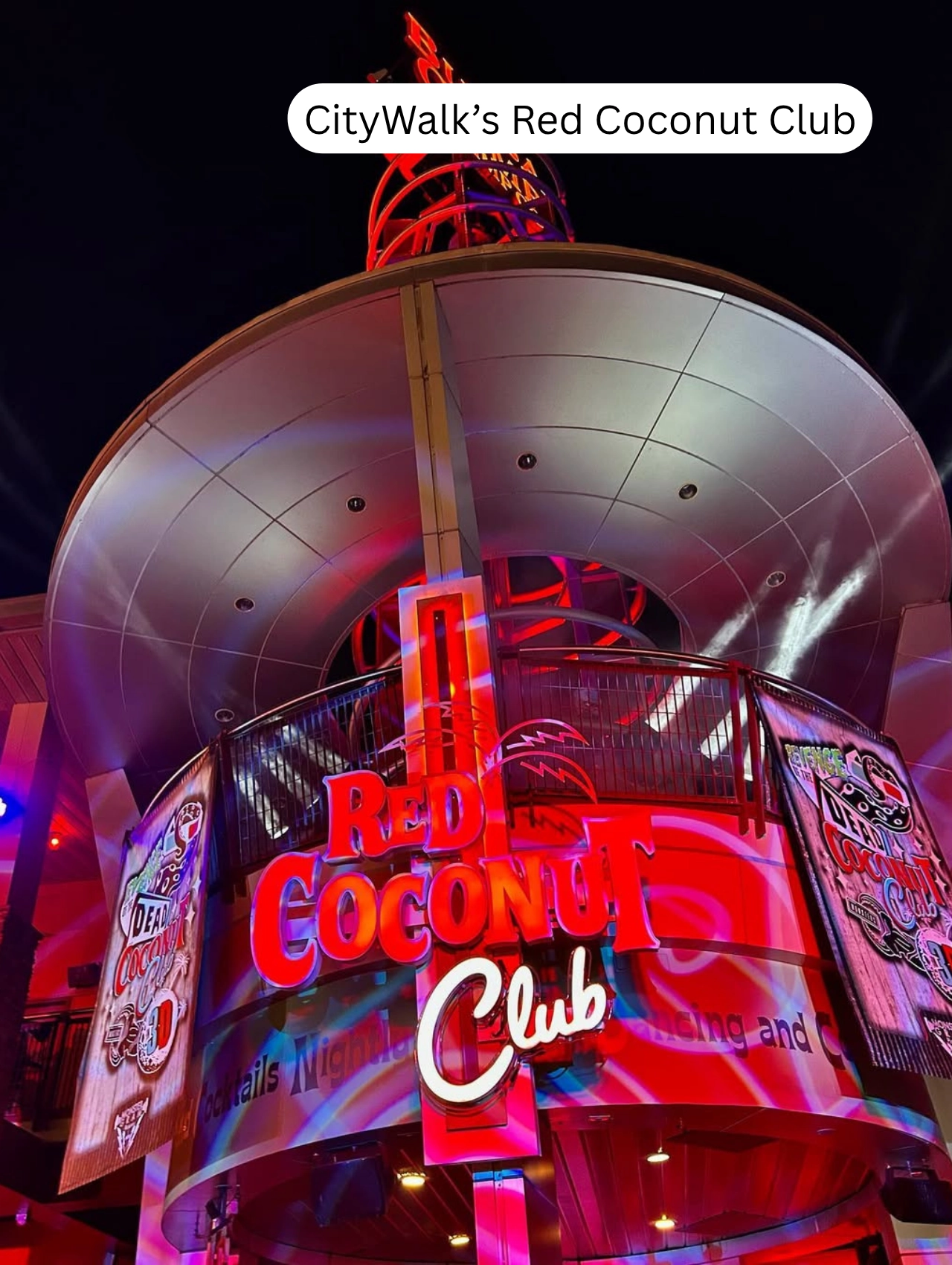 Neon-lit exterior of Red Coconut Club welcoming visitors to Party Near Disney Orlando.