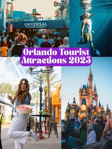 Collage of top Orlando tourist attractions in 2025 including Universal Orlando Resort, Disney Castle, ICON Park, and water experiences.