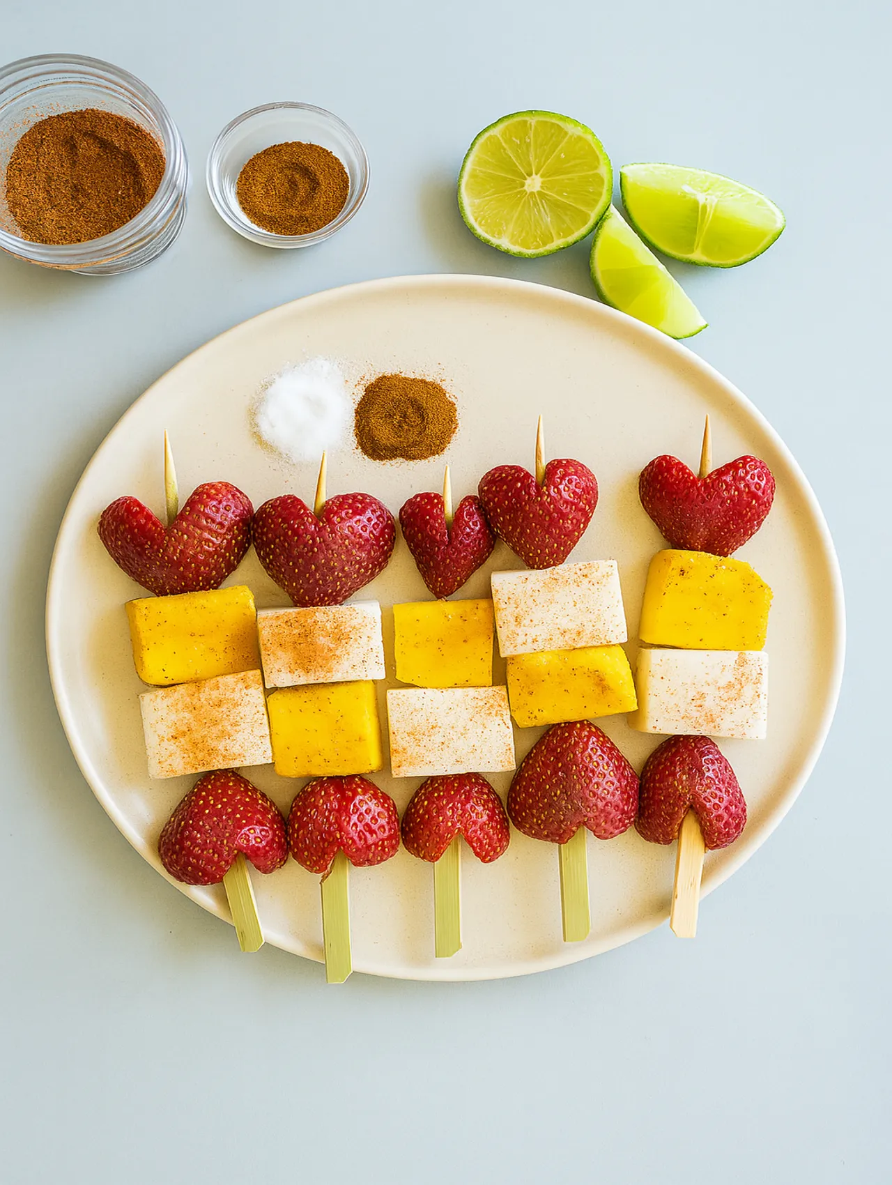 Brochetas de frutas frescas con fresas en forma de corazón, cubos de mango y jícama espolvoreados con chile en polvo, servidas con sal, limón y chile en un plato beige.