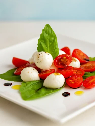 Cucharitas de ensalada caprese con tomate cherry, bolitas de mozzarella y hojas de albahaca sobre plato blanco