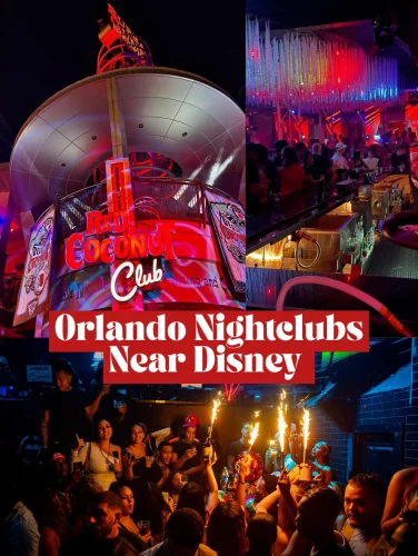 A lively nighttime scene with glowing lights, outdoor seating, and a cozy fire pit, capturing the vibrant atmosphere of Orlando nightclubs near Disney.