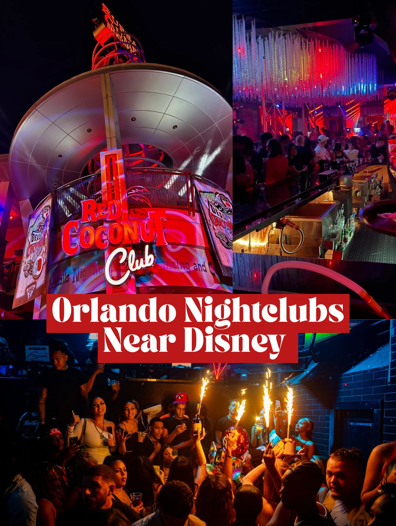 A lively nighttime scene with glowing lights, outdoor seating, and a cozy fire pit, capturing the vibrant atmosphere of Orlando nightclubs near Disney.