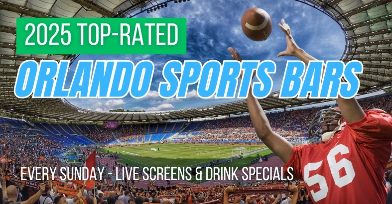 Football fan in red jersey celebrating under stadium lights at a packed game, promoting top-rated Orlando sports bars in 2025