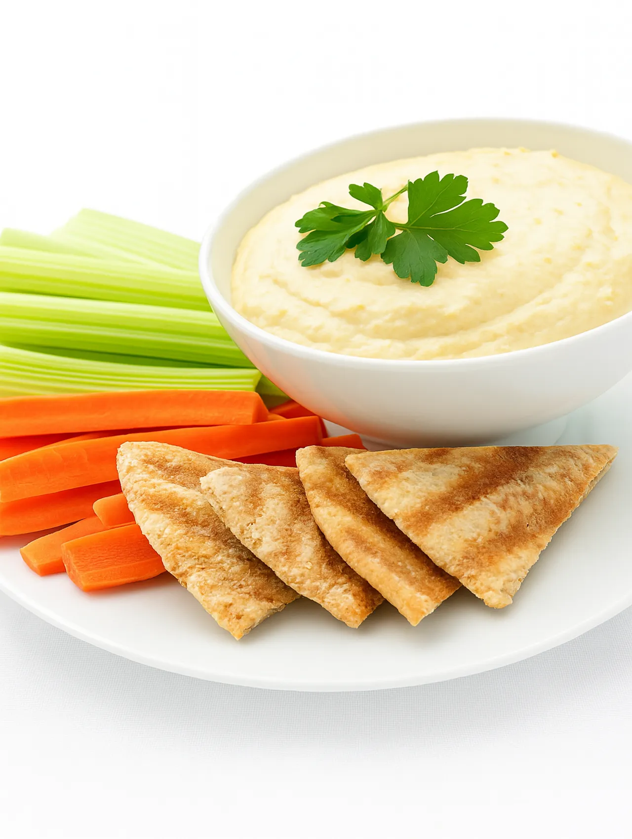 Palitos de apio y zanahoria con hummus y triángulos de pan pita en un plato blanco