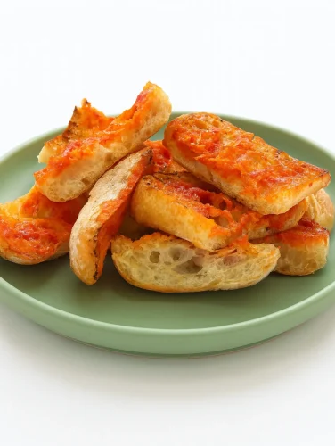 Trozos de pan crujiente untados con tomate fresco y ajo sobre un plato verde.