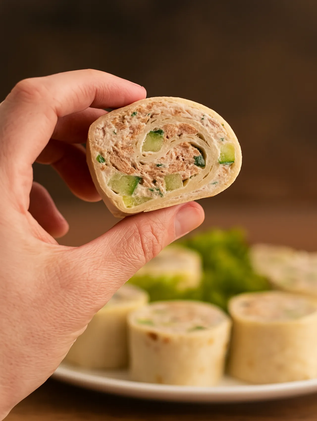 Panecillo enrollado relleno de crema de atún con pepino, sostenido por una mano, ideal para cumpleaños de adultos