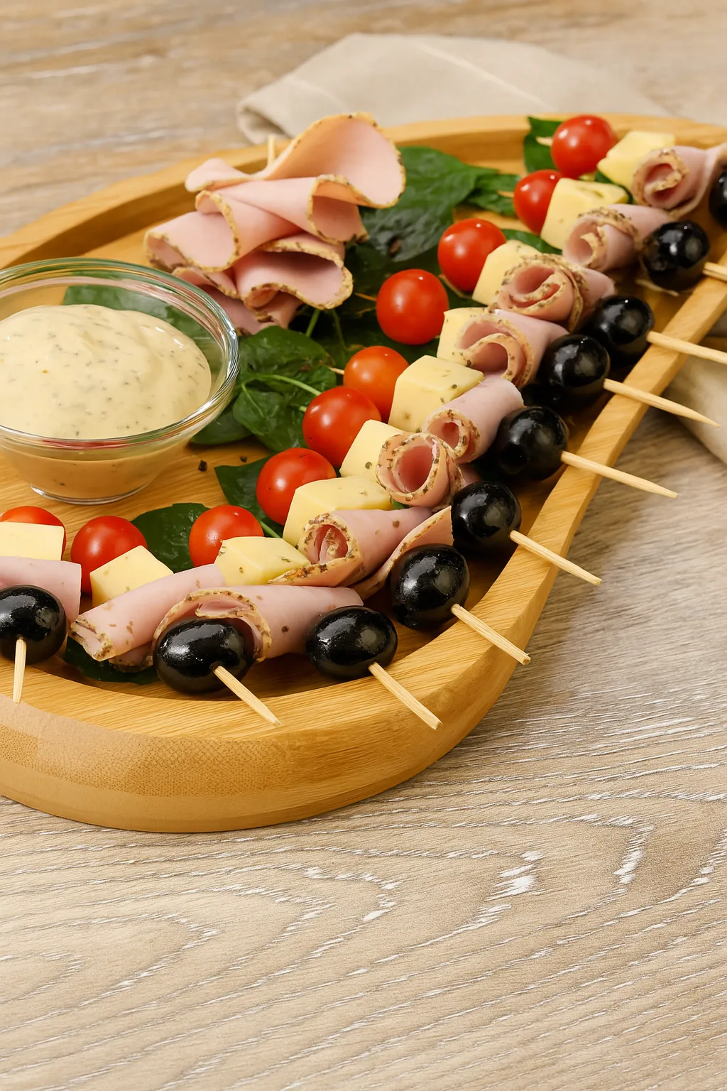 Pinchos de jamón, queso y aceituna negra servidos en una bandeja de madera con tomates cherry, espinacas frescas y un aderezo cremoso.