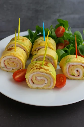 Rollitos de tortilla rellenos de jamón y queso, servidos con ensalada fresca y tomates cherry sobre un plato blanco.