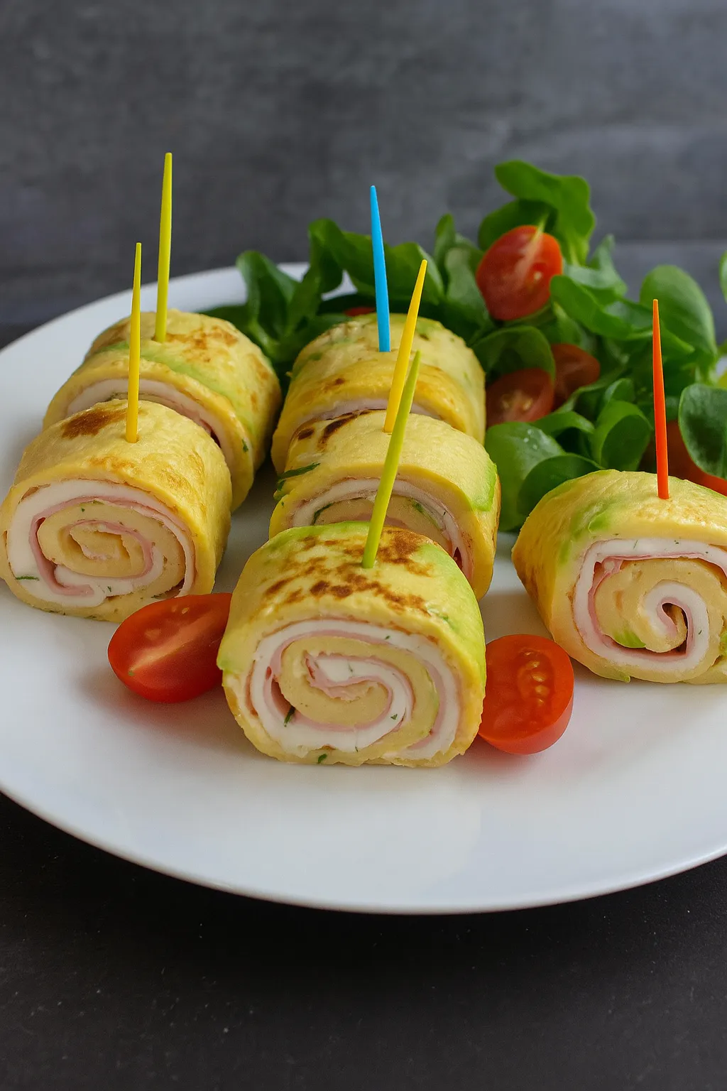 Rollitos de tortilla rellenos de jamón y queso, servidos con ensalada fresca y tomates cherry sobre un plato blanco.