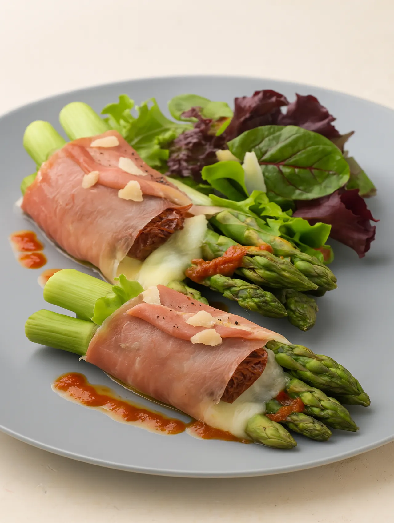 Rollitos de jamón serrano con queso fundido y espárragos frescos sobre un plato gris con mezcla de hojas verdes