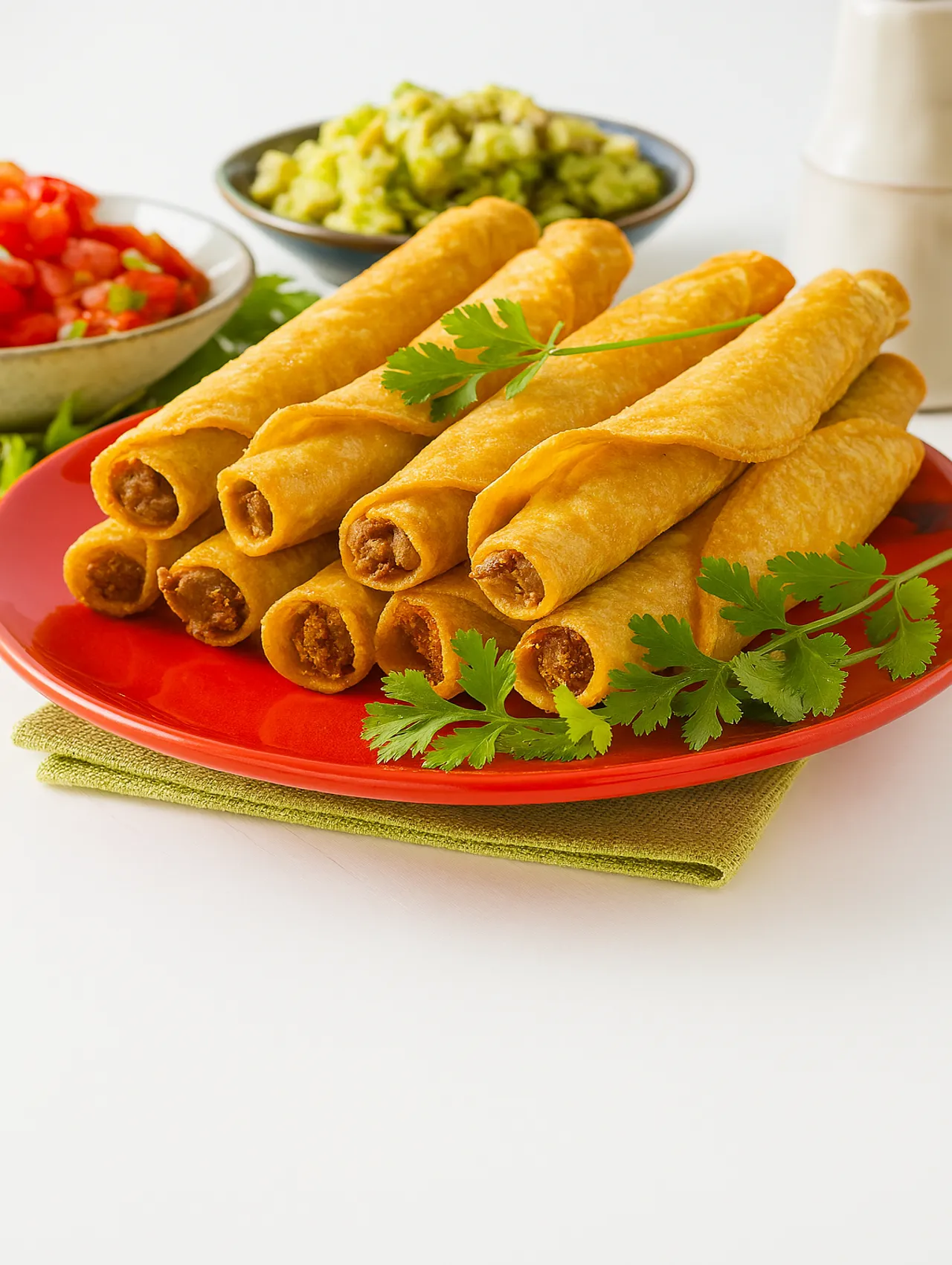 Taquitos dorados crujientes servidos en plato rojo sobre mesa blanca, acompañados de cilantro fresco y guarniciones mexicanas.