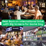People enjoying food and drinks with TVs in the background at sports bars on International Drive.