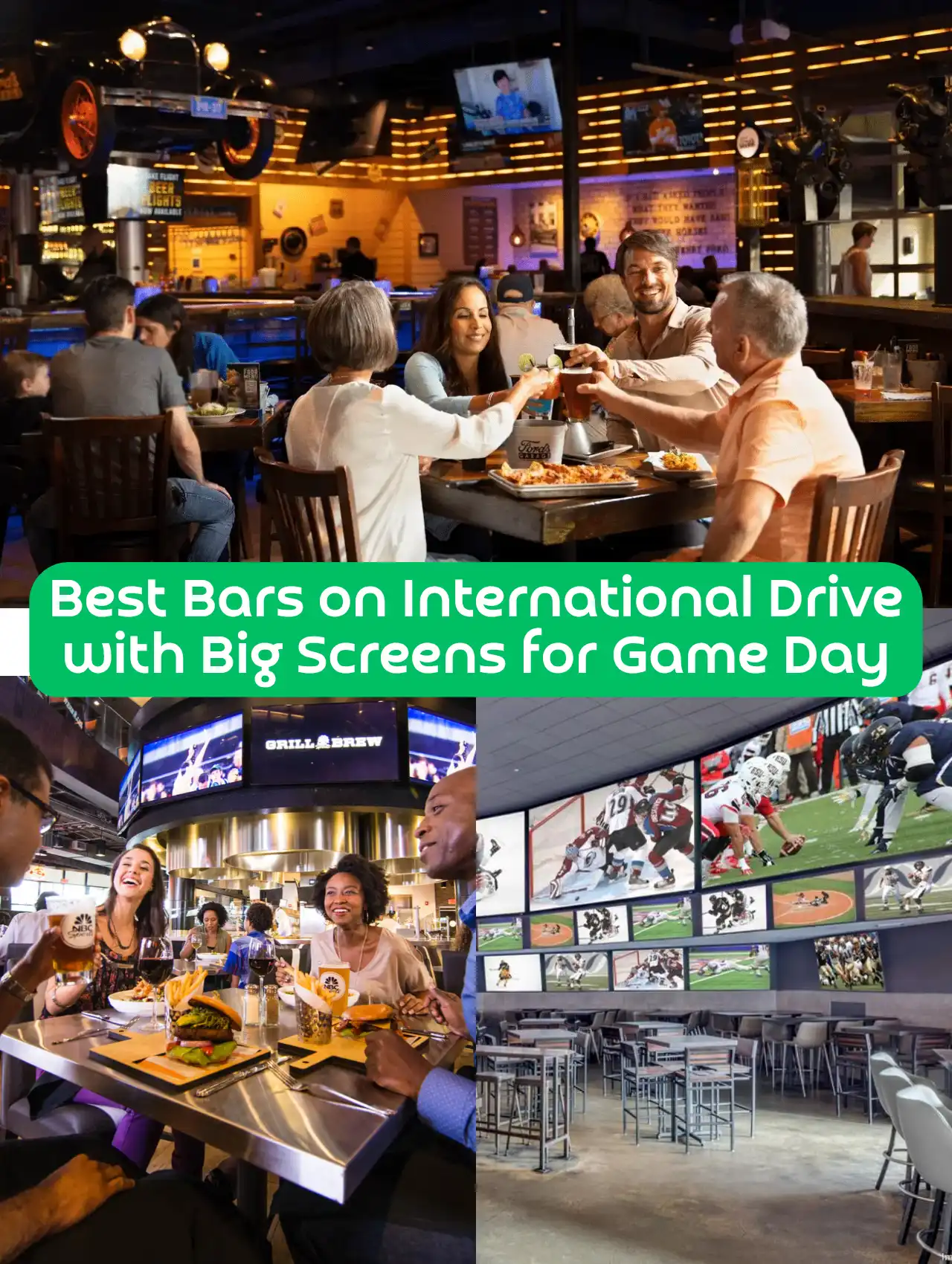 People enjoying food and drinks with TVs in the background at sports bars on International Drive.