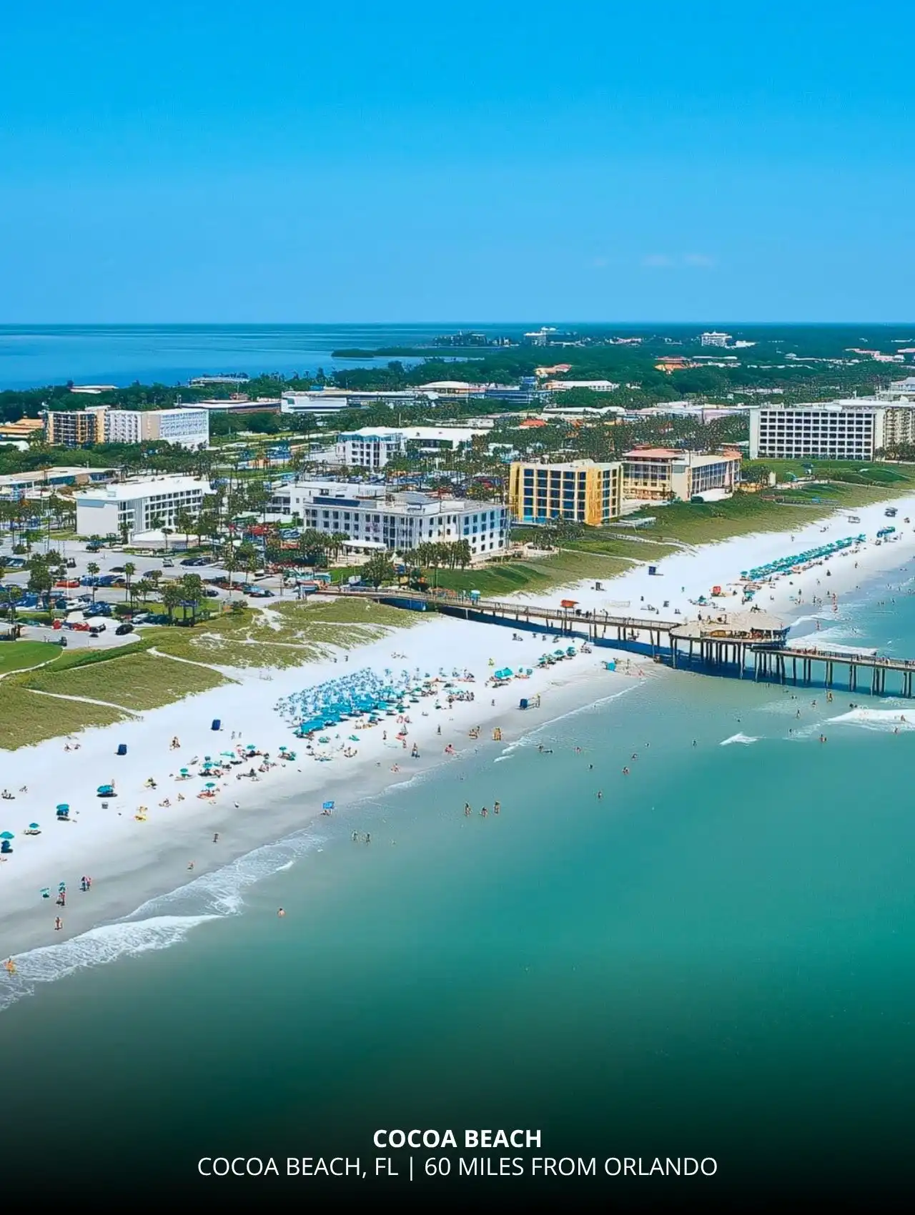 Aerial view of Cocoa Beach near the Cocoa Beach Pier, one of the closest beaches to Orlando.