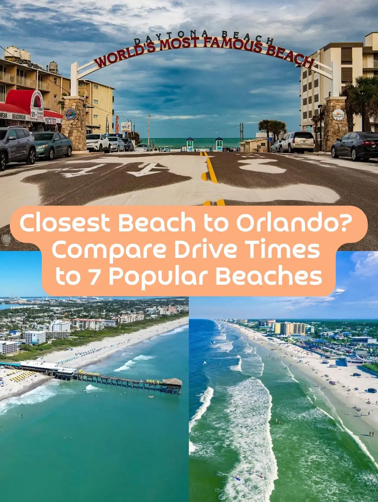 Daytona Beach arch and aerial shots of Cocoa Beach and Clearwater Beach promoting the closest beach to Orlando.