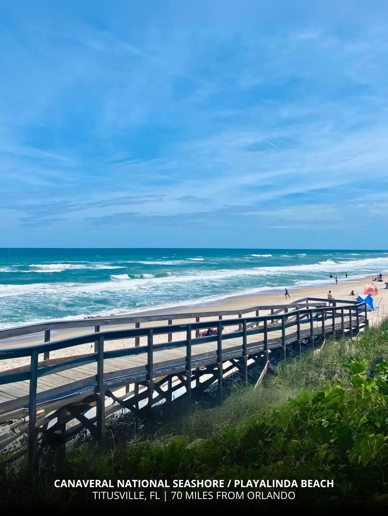 Wooden boardwalk leading to Playalinda Beach at Canaveral National Seashore, a quiet closest beach to Orlando.