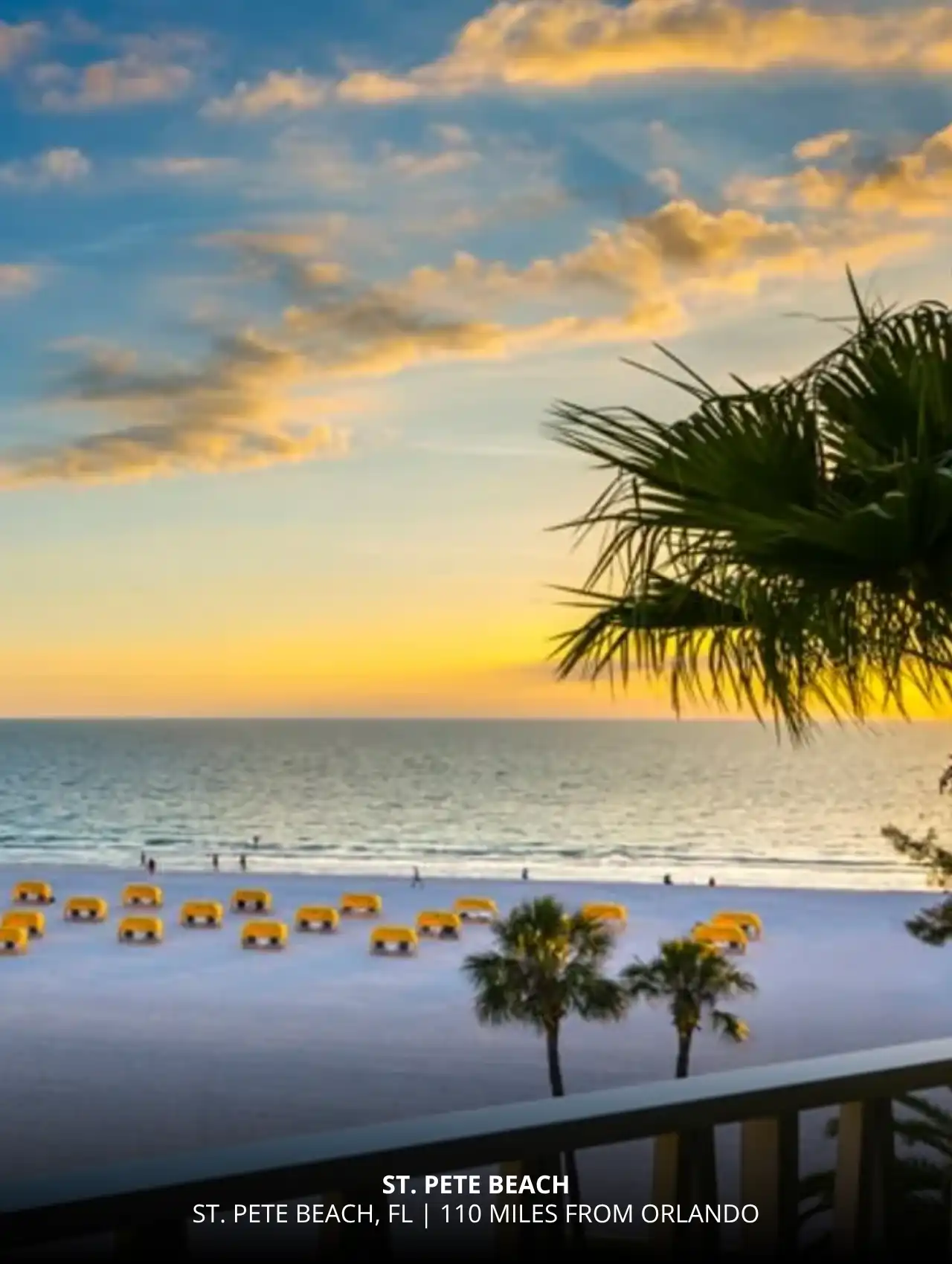 Sunset over St. Pete Beach with yellow cabanas and palm trees, a popular Gulf Coast option near Orlando.