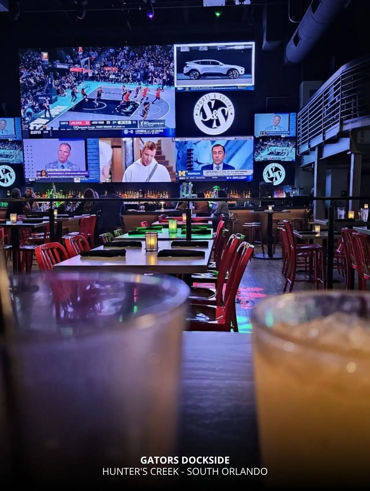 Gator’s Dockside in Hunter’s Creek South Orlando with giant screens and casual game day seating, one of the best sports bars in Orlando.