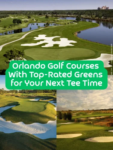 Collage of top-rated Orlando golf courses including Shingle Creek, Waldorf Astoria, and Orange County National