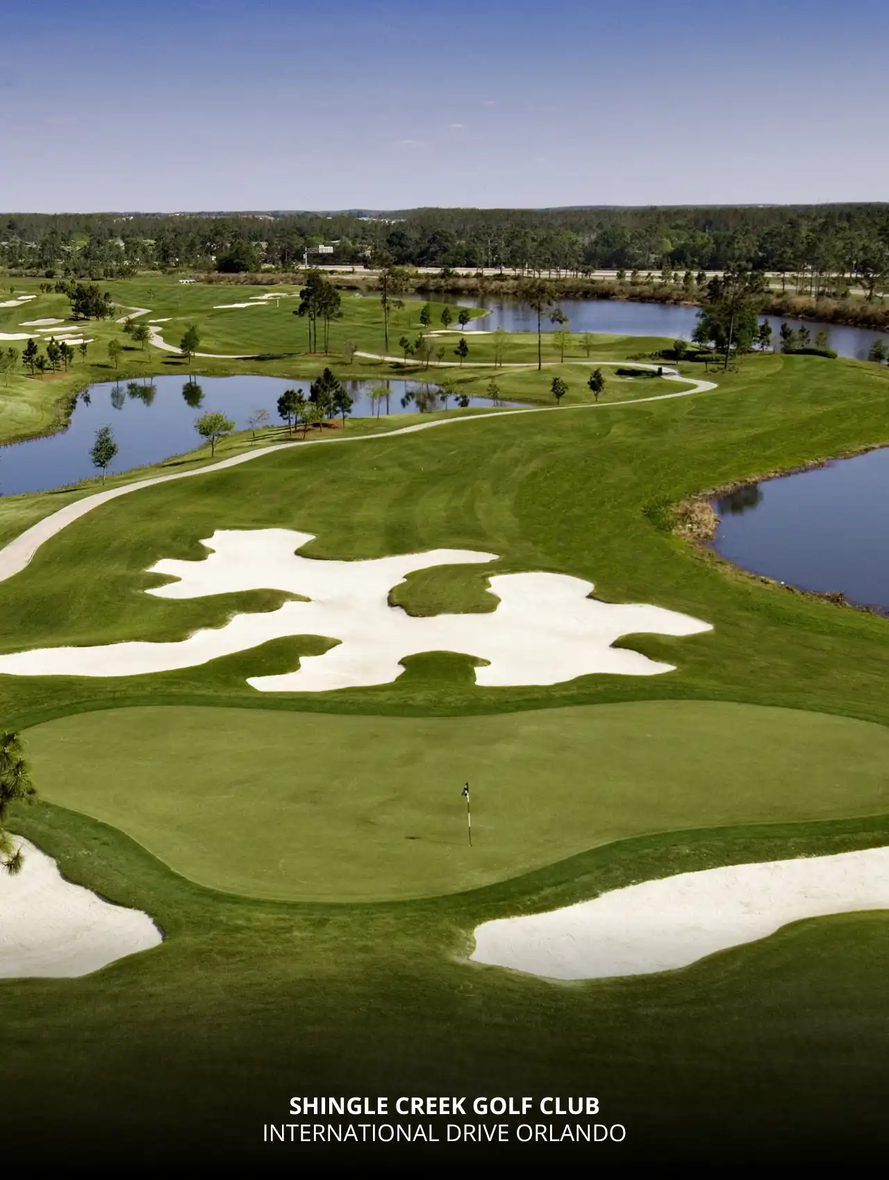 Aerial view of Shingle Creek Golf Club with pristine greens and water features, showcasing top-rated Orlando golf courses