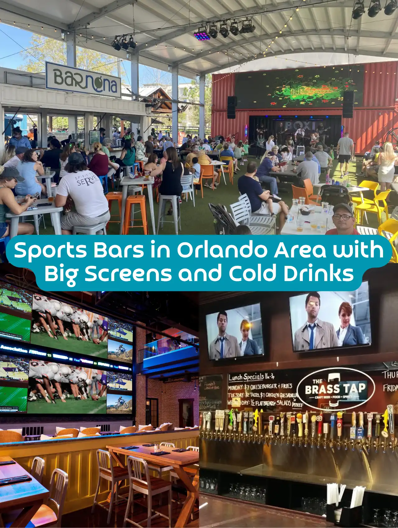 Collage of top sports bars in Orlando including Boxi Park and The Brass Tap, showing big screens and group-friendly settings
