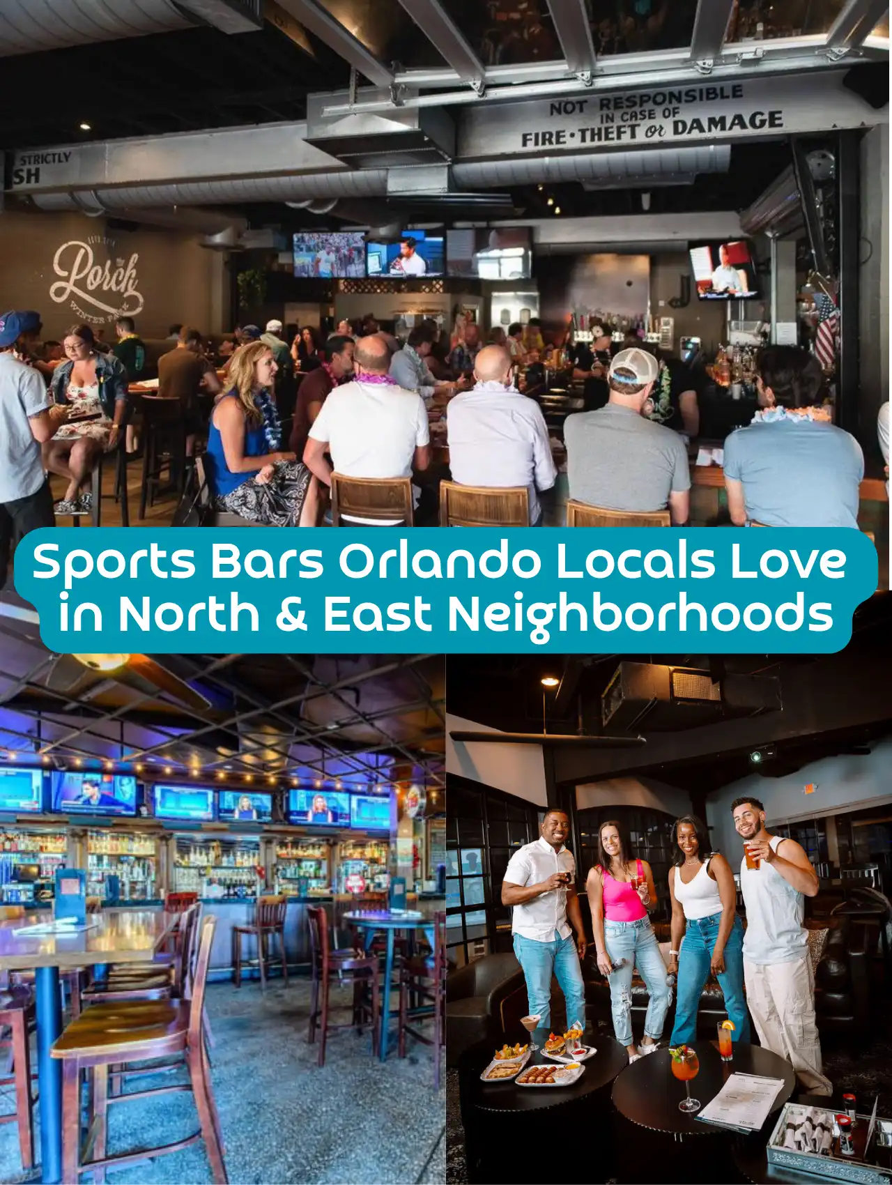 Collage of popular sports bars in Orlando’s north and east neighborhoods, featuring lively crowds, TV screens, and drinks
