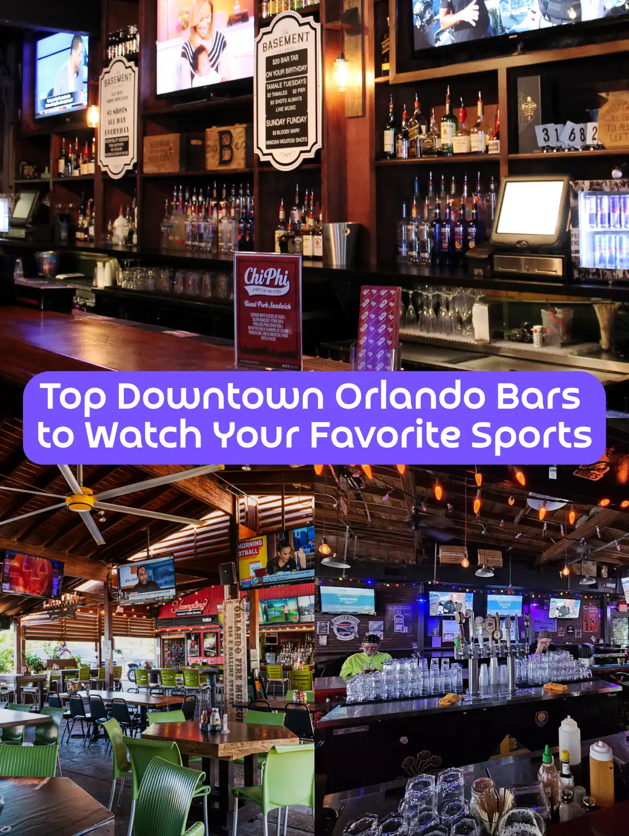 Collage of popular Downtown Orlando Bars with TVs and vibrant atmospheres
