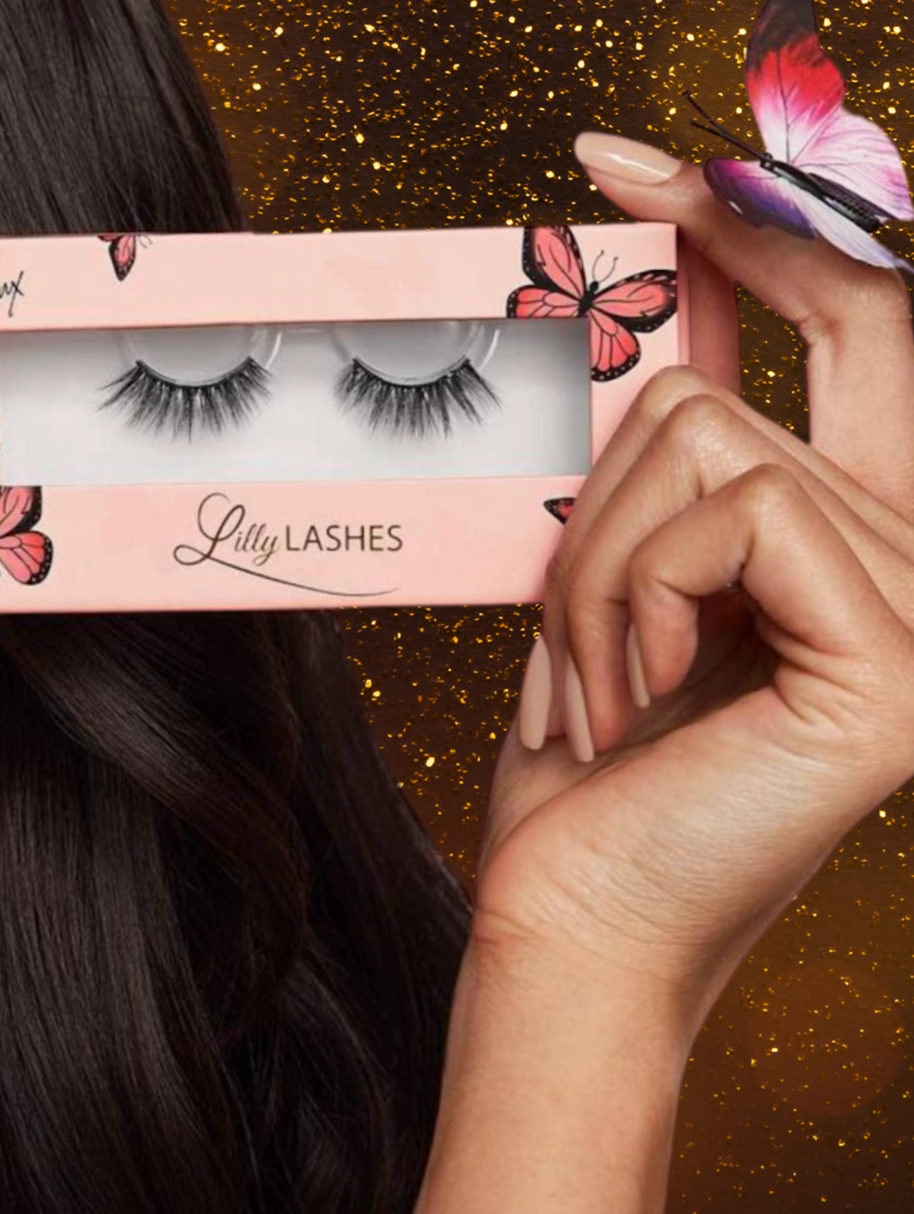 Holiday eye makeup lash styling featuring false lashes in branded packaging, showcasing dramatic yet elegant lashes for festive eye looks.