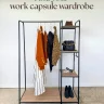 Curated Work Capsule Wardrobe rack with tailored blazers, a striped dress, leopard jacket and matching accessories