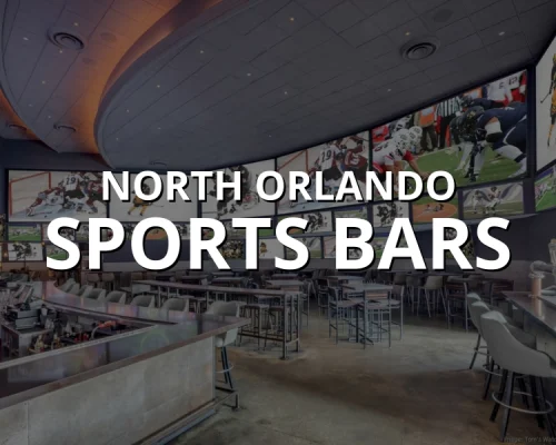 Modern sports bar in North Orlando with wraparound screens showing football and hockey games